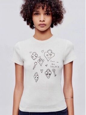 Re/Done White Graphic Short Sleeve Tee with Lock & Heart Sketches